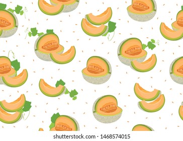 Melon slice seamless pattern on white background with seed, Fresh cantaloupe melon pattern background, Fruit vector illustration.