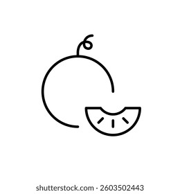 Melon and slice. Sweet fruits, fresh slices of dessert. Tropical groceries. Healthy eating, shopping for vegans and vegetarians. Pixel perfect, editable stroke vector icon