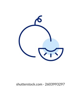 Melon and slice. Sweet fruits, fresh slices of dessert. Tropical groceries. Healthy eating, shopping for vegans and vegetarians. Pixel perfect, editable stroke vector icon