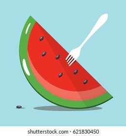 Melon Slice with White Fork on Blue Background. Vector Summer Food Symbol.