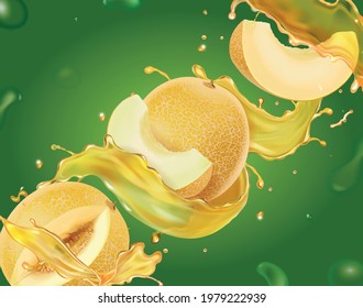 Melon slices. Yellow honey mellon juice splash on green background.