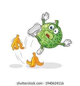 melon slipped on banana character. cartoon mascot vector