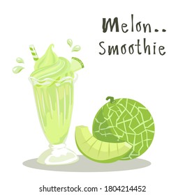 Melon smoothie with text and ripe melon vector on white background. 