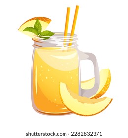 Melon smoothie.A fresh summer drink with slices of melon and mint.Vector illustration.