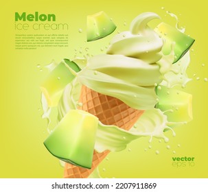 Melon soft ice cream cone with splash, vector summer dessert and milk product advertising. Soft ice cream with melon flavor, frozen icecream scoop in wafer or waffle cone, cold dairy fruit dessert