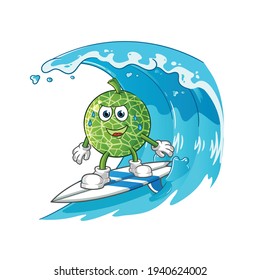 melon surfing on the wave character. cartoon mascot vector