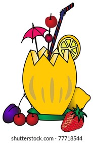 The Melon with umbrella , fruit and berry on white background.