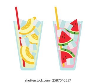 Melon and Watermelon Cocktails, ice cubes. Pieces of Fruit in Glass, straw. Summer cold refreshing Drinks for cafes. Vitamins, healthy eating, benefits. Bright colors. Flat style. Vector illustration