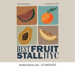 Melone, Wassermelone, Papaya und orangefarbene Wandkunst. Fruchtabstraktes Kunstdesign für T-Shirt, Poster, Aufkleber und andere.