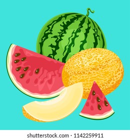 Melon and watermelon set. Vector illustration in flat style isolated on blue background. Half, slice and whole. Fresh and sweet fruits.