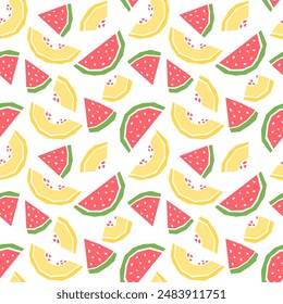 Melon and watermelon slice cartoon seamless pattern. Tropical fruits background isolated on white. Yellow melon and watermelon slice geometric print for fabric, paper, design.