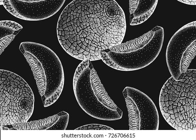 Melon white chalk on black board. Seamless pattern. Realistic fruits in the technique of vintage engraving. Black and white. Vector illustration art. Hand drawing. Kitchen design with food.