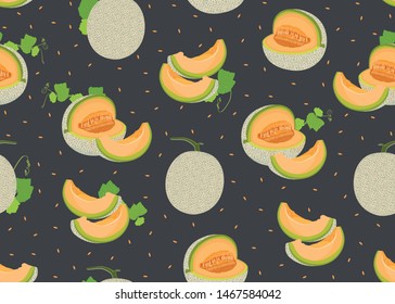 Melon whole and slice seamless pattern on black background with seed, Fresh cantaloupe melon pattern background, Fruit vector illustration.