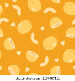 Melon whole and slice seamless pattern on orange background with seed. Fresh yellow honey melon pattern background. Fruit vector illustration.