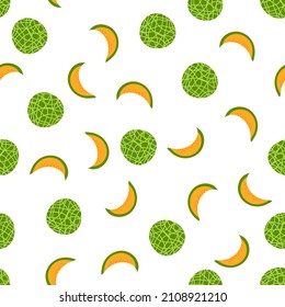 Melón entero y en rodajas sin fisuras sobre fondo blanco. Ilustración vectorial de la fruta de melón cantaloupe fresca