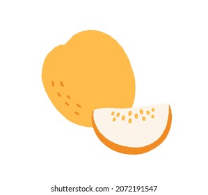 Melon, Whole Yellow Fruit And Cut Piece. Cantaloupe Drawn In Doodle Style. Fresh Exotic Summer Nutrition. Ripe Sweet Muskmelon, Slice With Seeds. Flat Vector Illustration Isolated On White Background