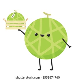 Melon in wood crate. Melon character design. melon on white background. symbol. Wood Crate.