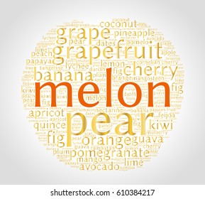 Melon. Word cloud in shape of fruit, grey gradient background. Natural food.