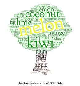 Melon. Word cloud in shape of tree, white background. Fruit.