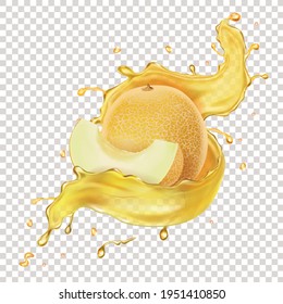 Melon yellow fruit in realistic transparent melon juice splash, vector 3d illustration icon