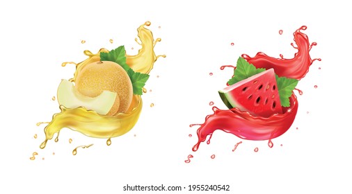 Melon in yellow juice splash, watermelon in red splash realistic vector icon.