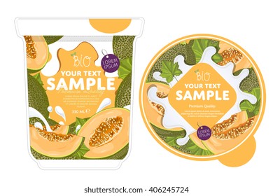 Melon yogurt package design with yogurt splash isolated on white background. Packaging design template of fruit yogurt container. Melon yogurt cup design layout.