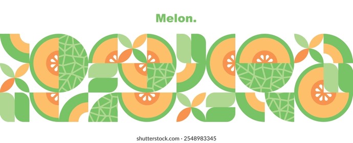 Melon.Abstract geometric design.Fruits and slices.Set of icons in simple flat style.Elements isolated on a white background.Seamless pattern, border.Organic food.Vector illustration.