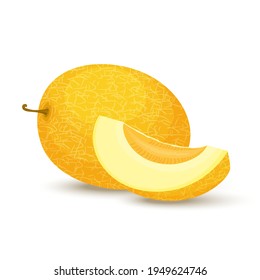 Melon.Ripe fresh honeydew melon. Whole melon and slices. Flat design. Vector illustration Isolated on white background.