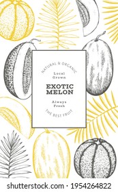 Melonen mit tropischen Blättern Design-Vorlage. Handgezeichnete Vektorgrafik exotischer Früchte. Fruchtbanner im Retro-Stil. 