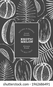Melons with tropical leaves design template. Hand drawn vector exotic fruit illustration on chalk board. Retro style fruit banner. 