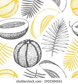 Melons with tropical leaves seamless pattern. Hand drawn vector exotic fruit illustration. Retro style fruit background.