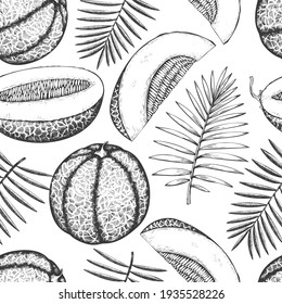 Melons with tropical leaves seamless pattern. Hand drawn vector exotic fruit illustration. Retro style fruit background.