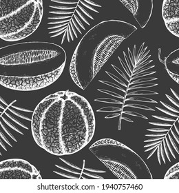 Melons with tropical leaves seamless pattern. Hand drawn vector exotic fruit illustration on chalk board. Retro style fruit background.