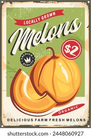 Signo de lata vintage de melones. Anuncio retro de producto fresco de granja. Deliciosa Ilustración vectorial de frutas.