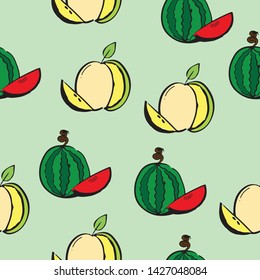 Melons and water melons seamless pattern on green background vector illustration