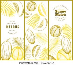 Melons and watermelons with tropical leaves designs set. Hand drawn vector exotic fruit illustrations. Engraved style retro fruits banners.