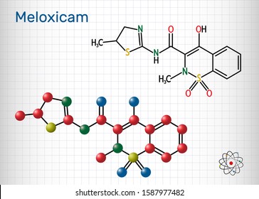 Meloxicam C14H13N3O4S2 molecule. It is a nonsteroidal anti-inflammatory drug NSAID. Structural chemical formula and molecule model. Sheet of paper in a cage.Vector illustration