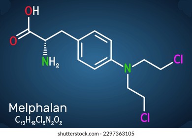 Melphalan molecule. It is chemotherapy medication, alkylating antineoplastic agent. Structural chemical formula on the dark blue background. Vector illustration