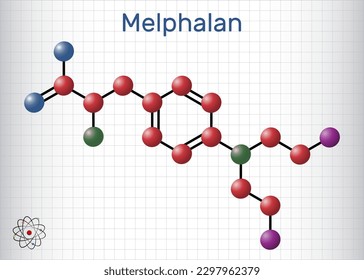 Melphalan molecule. It is chemotherapy medication, alkylating antineoplastic agent. Structural chemical formula and molecule model. Sheet of paper in a cage. Vector illustration