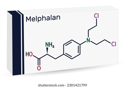 Melphalan molecule. It is chemotherapy medication, alkylating antineoplastic agent. Skeletal chemical formula. Paper packaging for drugs. Vector illustration