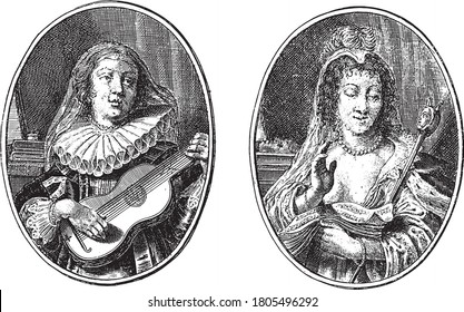 Melpomene and Thalia, Crispijn van de Passe (II), 1640 Two representations on an album sheet, vintage engraving.