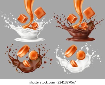 Melt caramel splashes. Realistic toffees pieces with milk and chocolate taste, flying liquid droplets, sweet mix candies, round candies and cubes, 3d isolated elements utter vector set