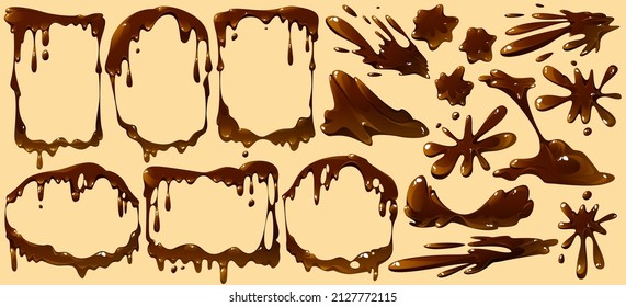 Melt Chocolate Drips, Frames, Splashes And Sports Isolated Set. Melted Dripping Of Dark Or Milk Choco Sauce, Brown Cream Or Syrup Borders, Liquid Cocoa Food Elements, Cartoon Vector Illustration