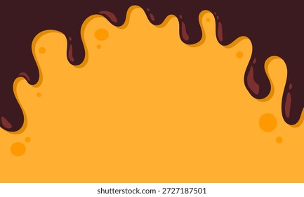 Derretir el chocolate sobre fondo de queso para el diseño de carteles o envases. derretir la tinta marrón sobre fondo amarillo. dibujado a mano Anuncio de chocolate ondulado.