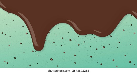 Melt chocolate pouring on mint chocolate chip ice cream texture background graphic illustration.