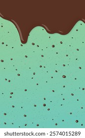 Melt chocolate pouring on mint chocolate chip ice cream texture vertical background graphic illustration.