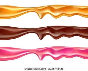 Melt color caramel borders. Realistic candy viscous mass, fluid sweet smudges, donuts pink sugar glaze, chocolate topping and honey, decorative frame, delicious confectionery utter vector set