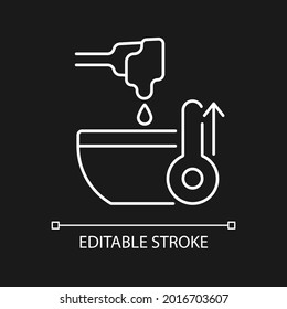 Melt cooking ingredient white linear icon for dark theme. High temperature for preparing frosting. Thin line customizable illustration. Isolated vector contour symbol for night mode. Editable stroke