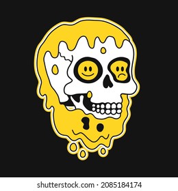 Melt Distortion Smile Face Skull Inside. Vector Hand Drawn Doodle Line Cartoon Character Illustration. Smile Smiley Emoji Face,skull In Head Print For T-shirt, Poster,sticker,cover,card Concept