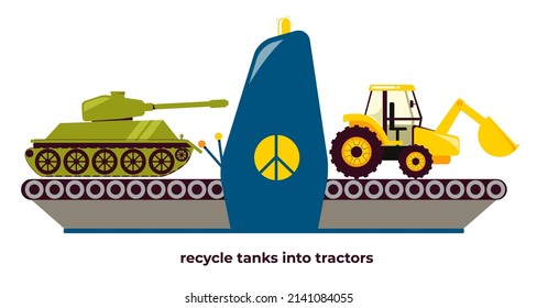 Die Tanks in die Traktoren hinabschmelzen. Hör auf mit dem Krieg. Das Konzept der Entwaffnung und Entmilitarisierung. Vektorgrafik einzeln auf weißem Hintergrund.